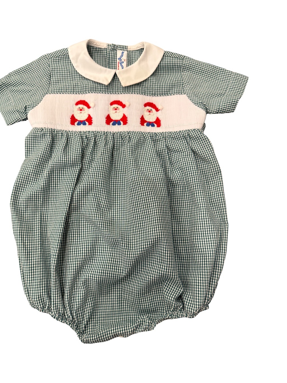 Silly Goose Green Gingham Santa Hand Smocked Kids Romper